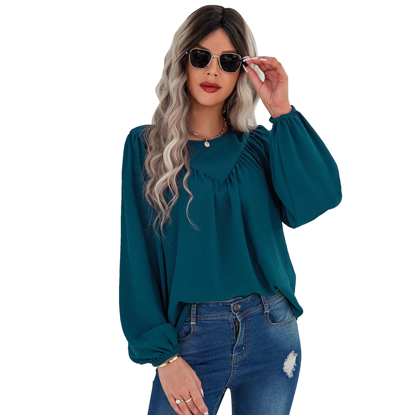 YESFASHION Women Clothing Solid Color Round Neck Pullover Shirt Tops