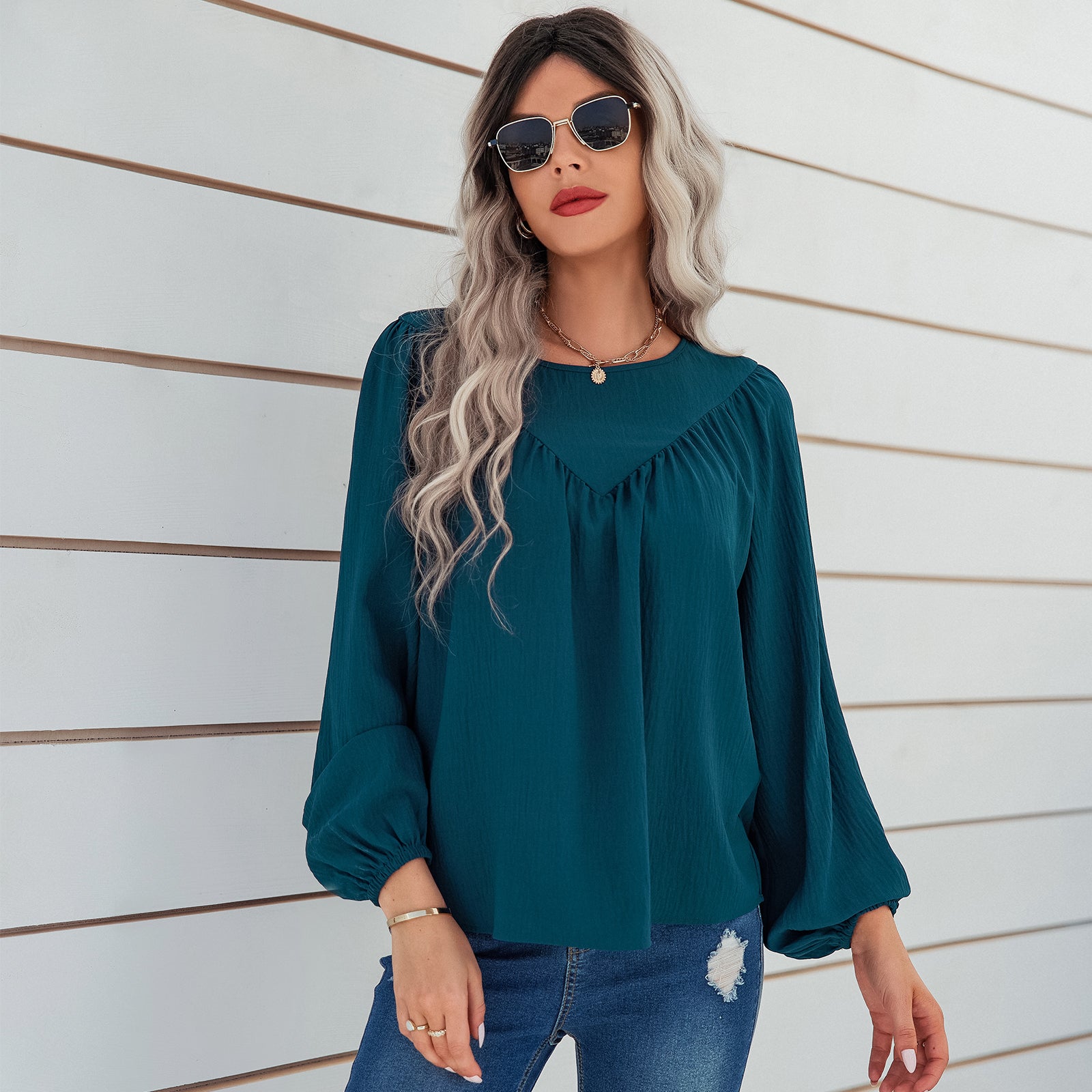 YESFASHION Women Clothing Solid Color Round Neck Pullover Shirt Tops