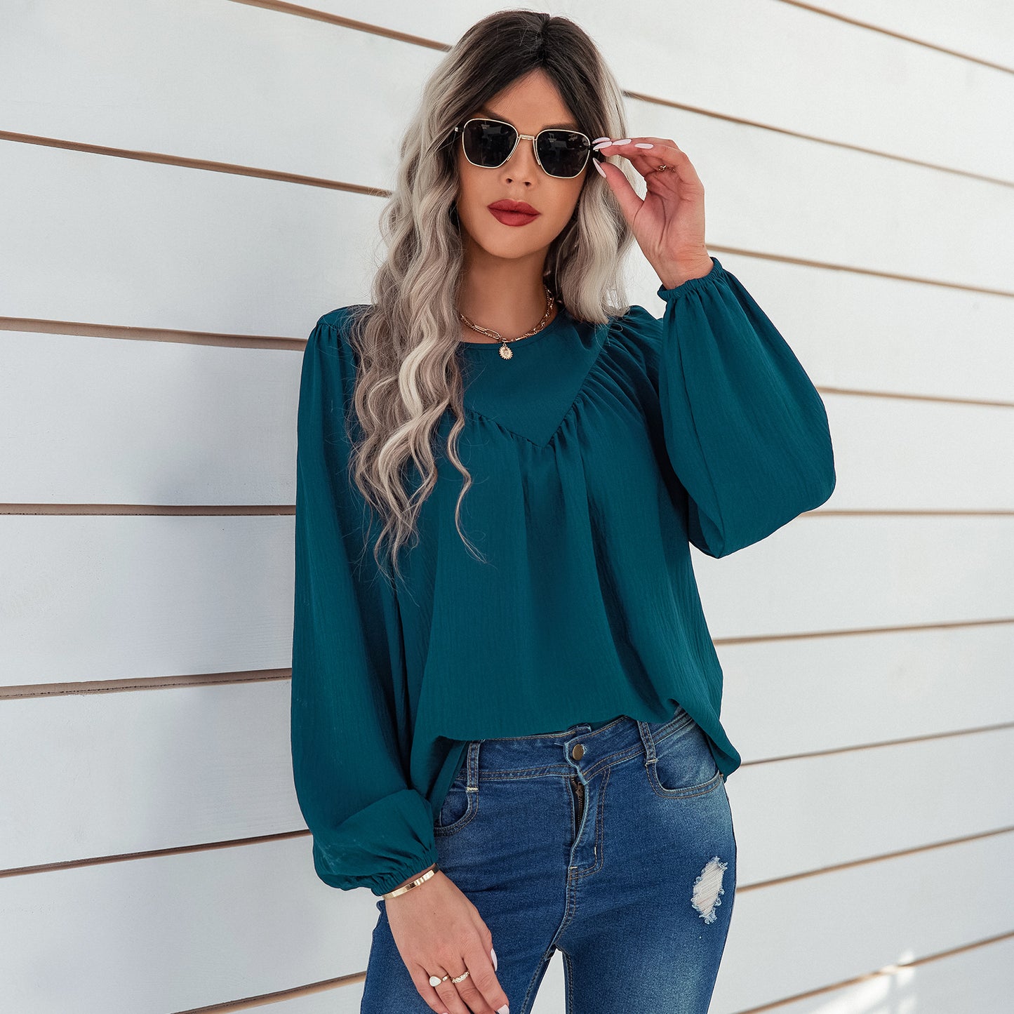 YESFASHION Women Clothing Solid Color Round Neck Pullover Shirt Tops