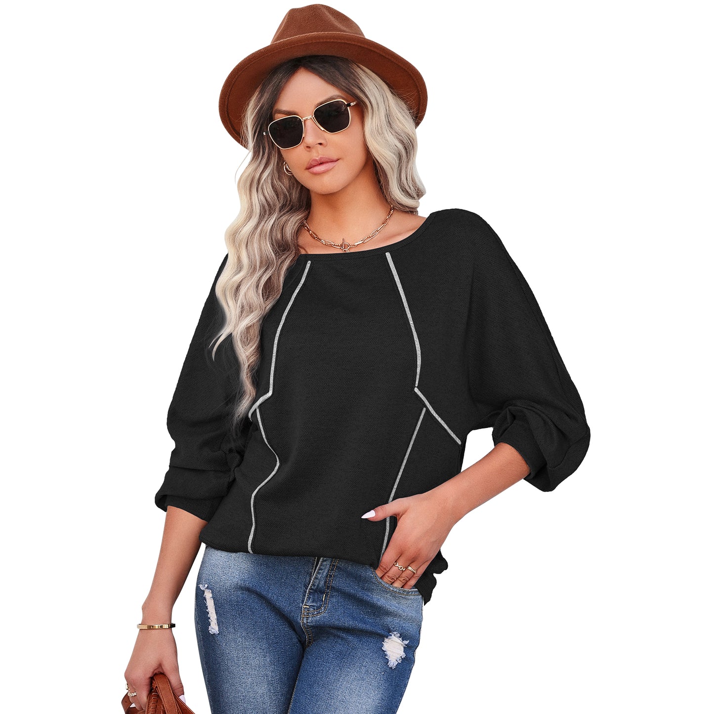 YESFASHION Neck Pullover Bottoming Shirt Stitching T-shirt Tops