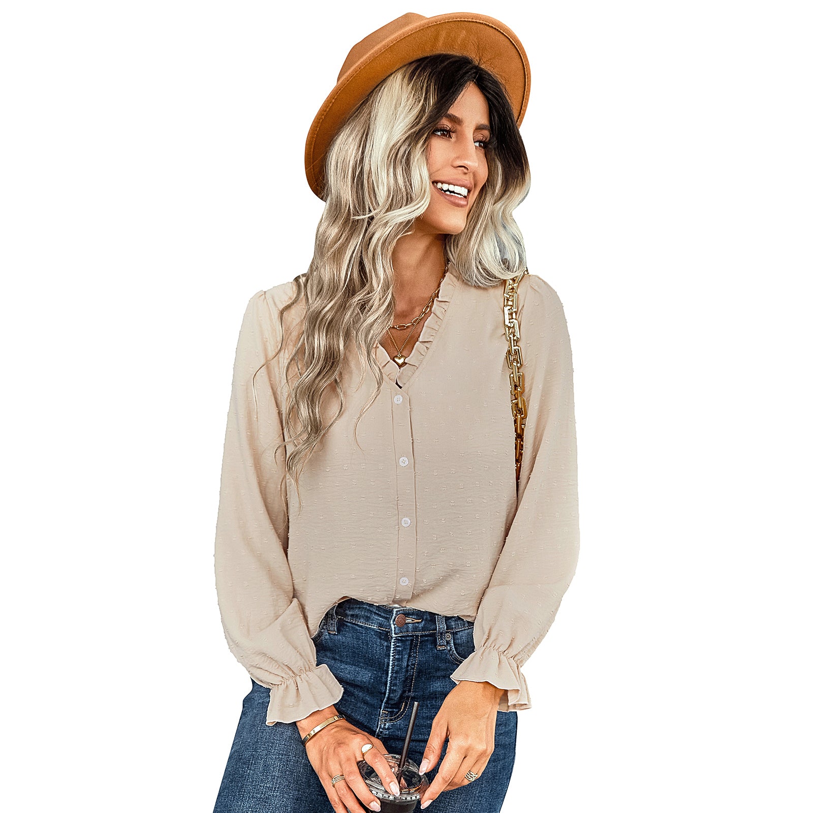 YESFASHION V-neck Shirts Women Fashion Casual Polka Dot Shirts