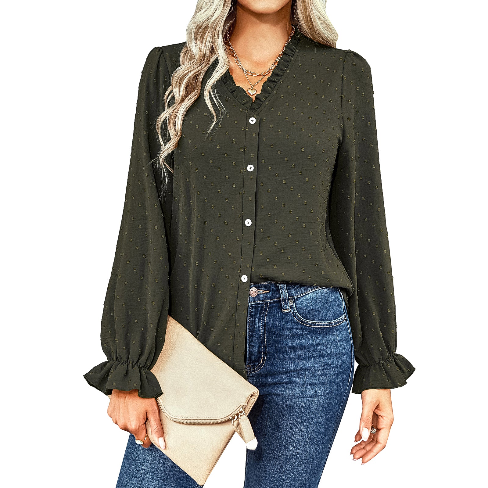 YESFASHION V-neck Shirts Women Fashion Casual Polka Dot Shirts