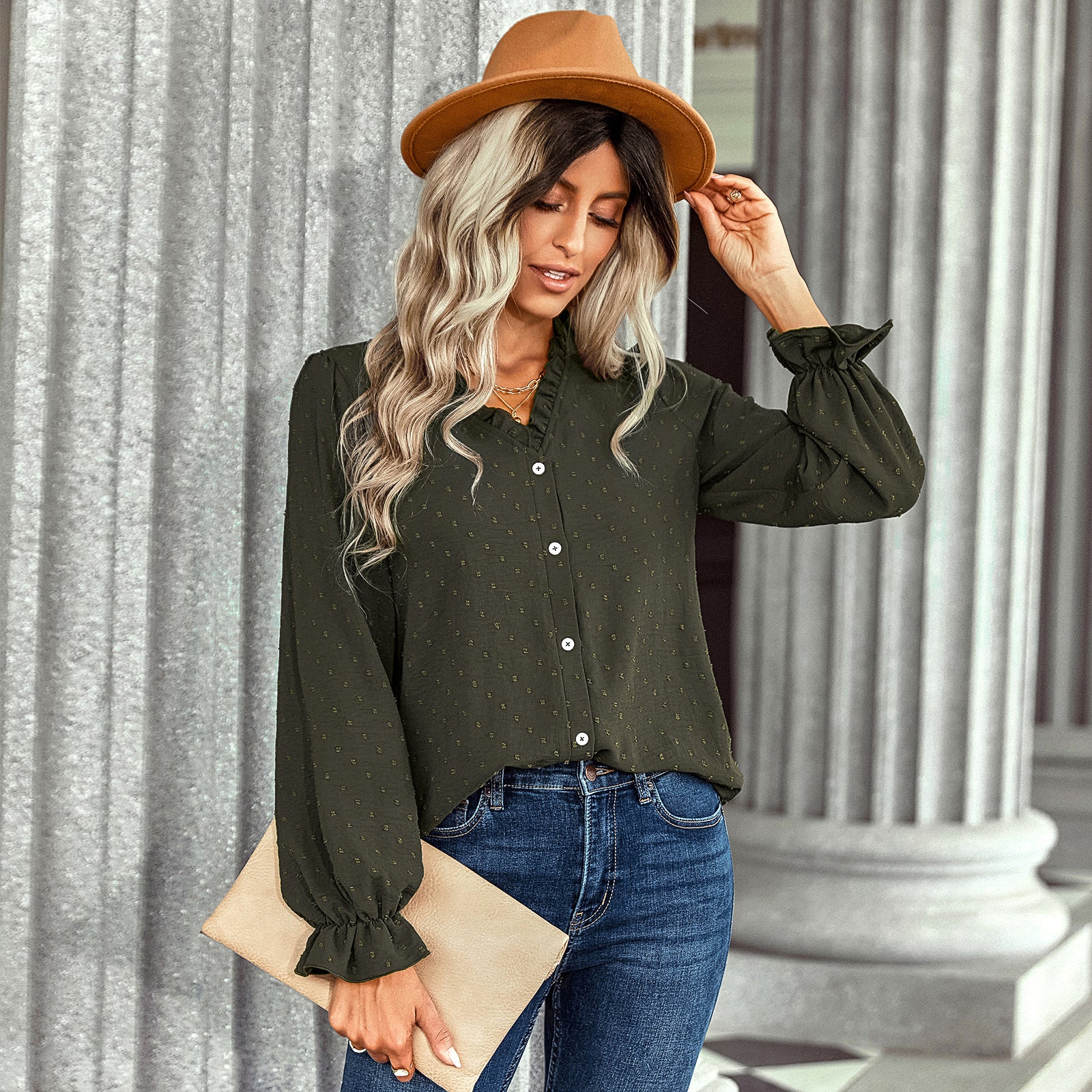 YESFASHION V-neck Shirts Women Fashion Casual Polka Dot Shirts