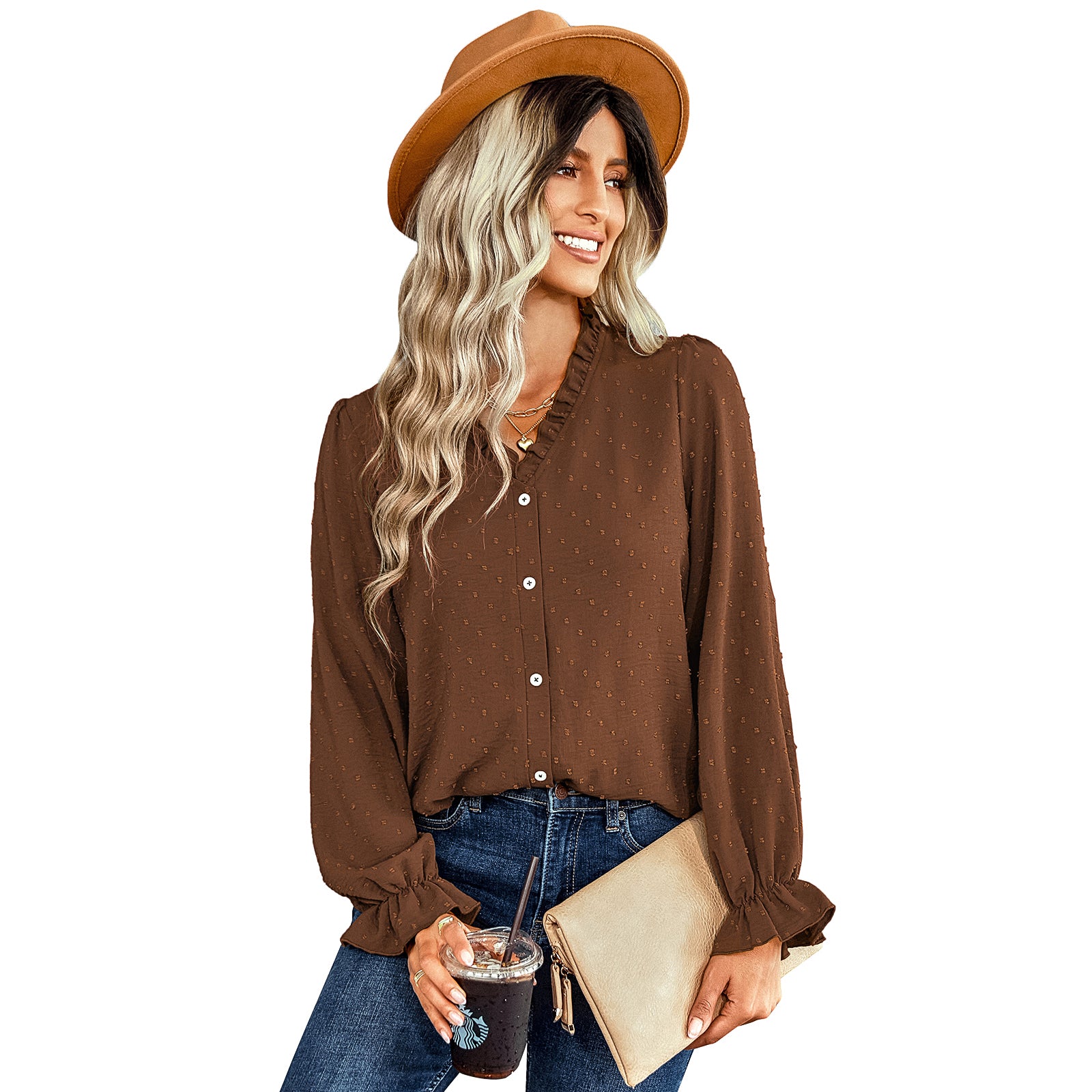 YESFASHION V-neck Shirts Women Fashion Casual Polka Dot Shirts