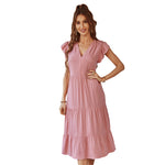 YESFASHION V-neck Sexy Flying Sleeve Solid Color Dress