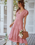 YESFASHION V-neck Sexy Flying Sleeve Solid Color Dress