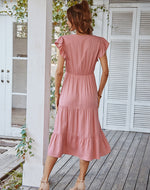 YESFASHION V-neck Sexy Flying Sleeve Solid Color Dress