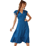 YESFASHION V-neck Sexy Flying Sleeve Solid Color Dress