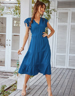 YESFASHION V-neck Sexy Flying Sleeve Solid Color Dress