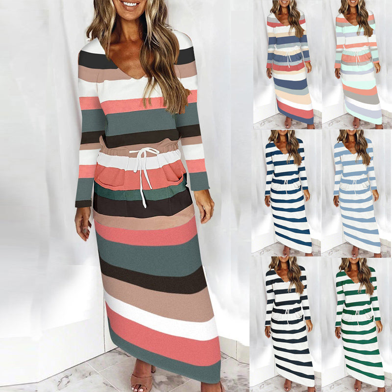 YESFASHION Women V-neck Loose Printed Striped Long-sleeved Dress