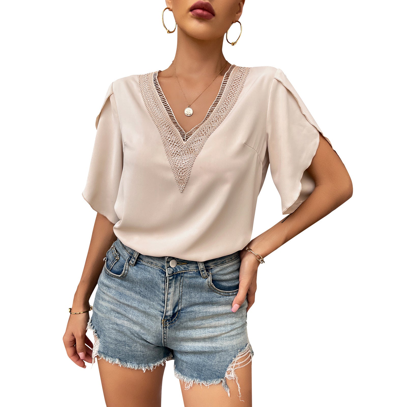 YESFASHION Cross-border Popular Lace Tops V-neck T-shirt