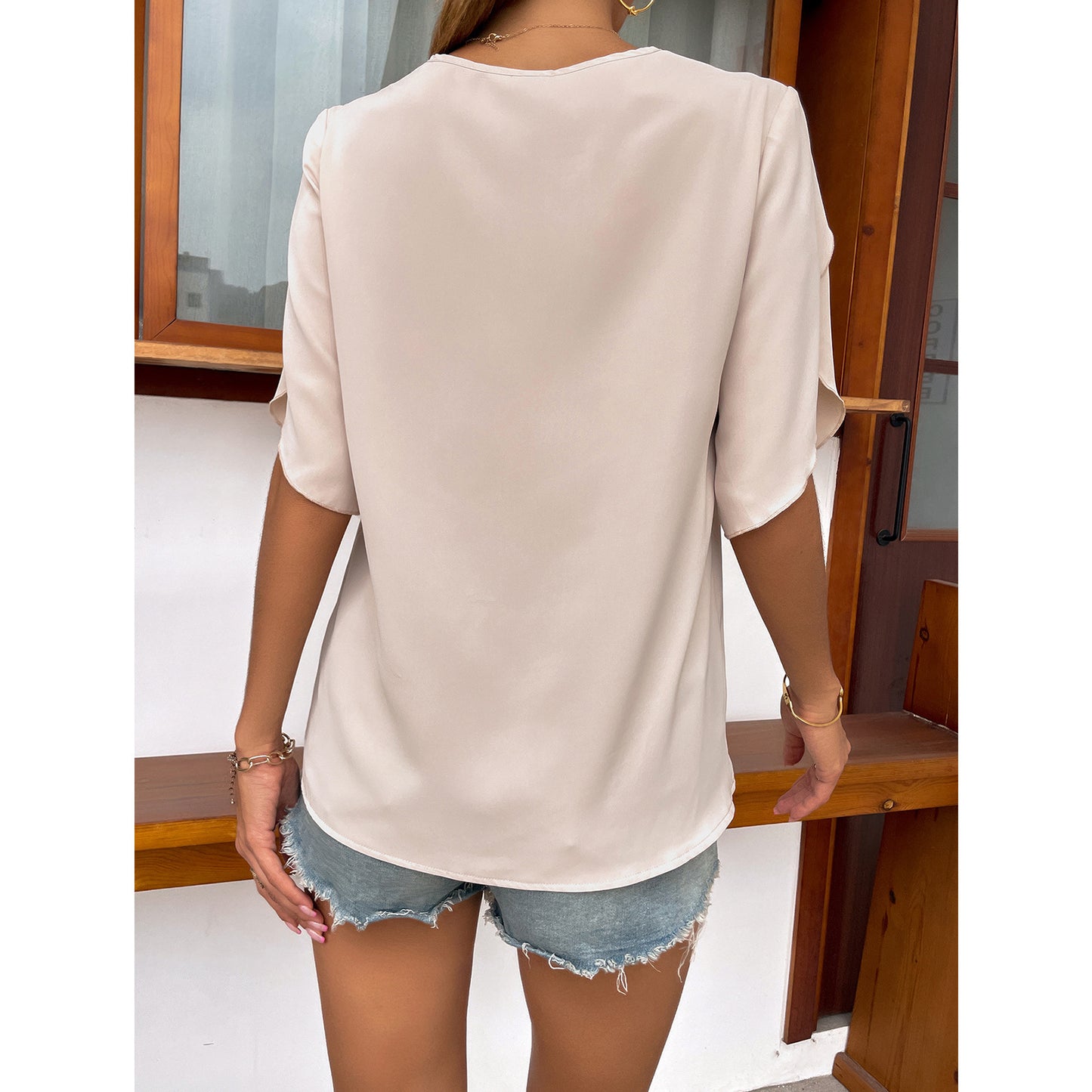 YESFASHION Cross-border Popular Lace Tops V-neck T-shirt