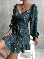 YESFASHION New V-neck Sequins Lace-up Skirt Long-sleeved Dress