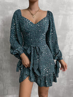 YESFASHION New V-neck Sequins Lace-up Skirt Long-sleeved Dress