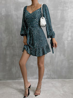 YESFASHION New V-neck Sequins Lace-up Skirt Long-sleeved Dress