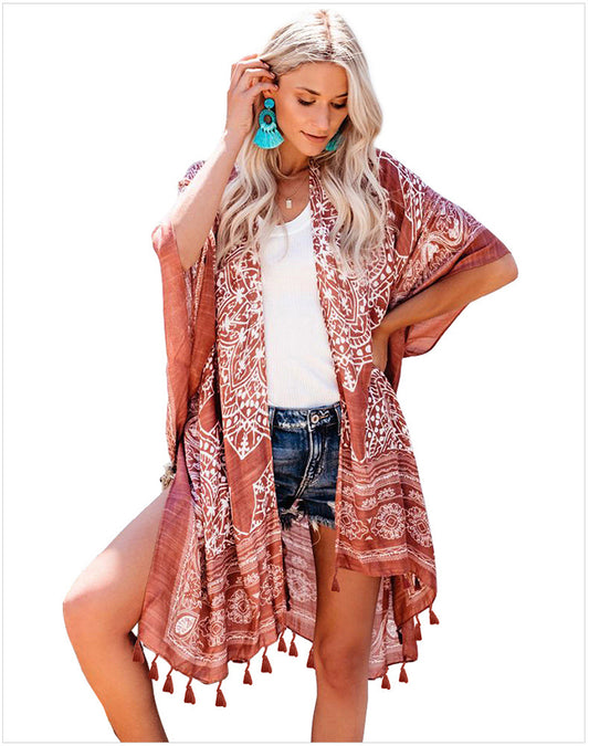 YESFASHION Seaside Holiday Print Fringed Blouse Cardigan Jacket