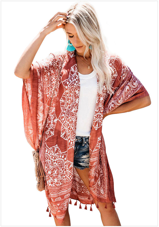 YESFASHION Seaside Holiday Print Fringed Blouse Cardigan Jacket