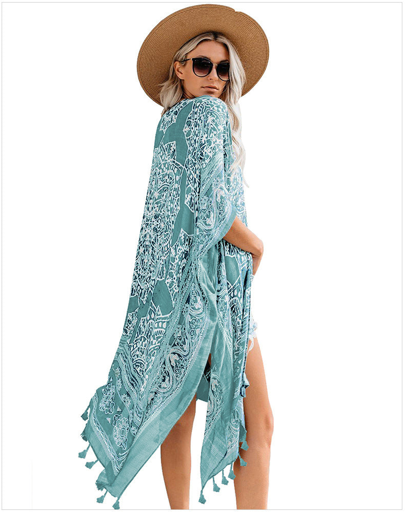 YESFASHION Seaside Holiday Print Fringed Blouse Cardigan Jacket