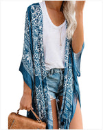 YESFASHION Seaside Holiday Print Fringed Blouse Cardigan Jacket