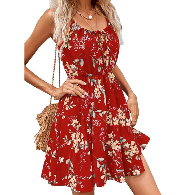YESFASHION Pullover Print Elastic Waist Sling Short Skirt Women Dress