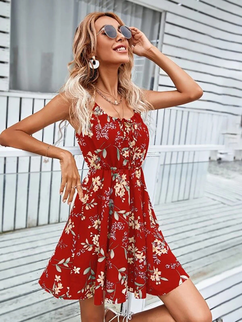 YESFASHION Pullover Print Elastic Waist Sling Short Skirt Women Dress