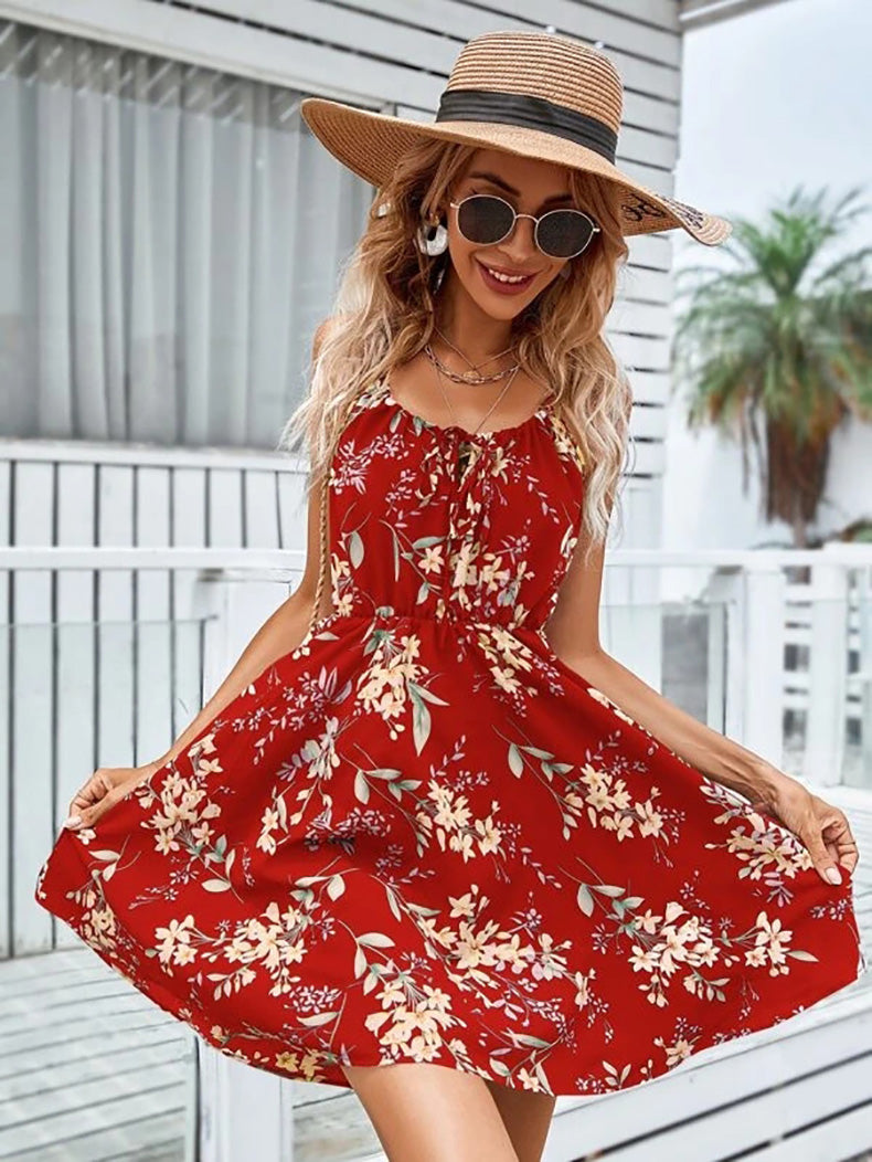 YESFASHION Pullover Print Elastic Waist Sling Short Skirt Women Dress