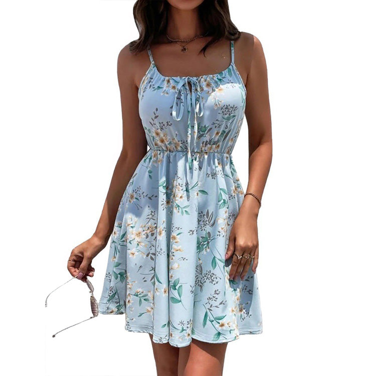 YESFASHION Pullover Print Elastic Waist Sling Short Skirt Women Dress