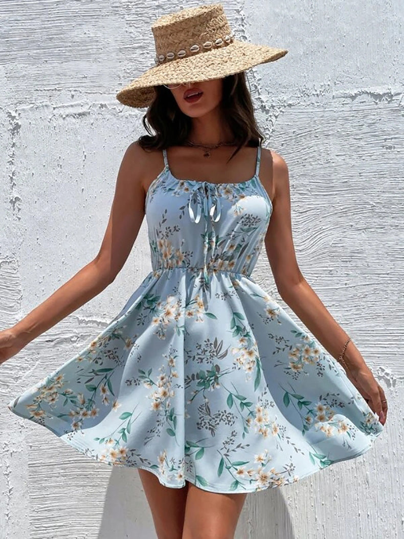 YESFASHION Pullover Print Elastic Waist Sling Short Skirt Women Dress