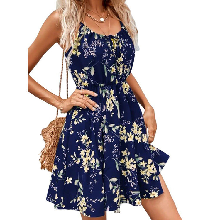 YESFASHION Pullover Print Elastic Waist Sling Short Skirt Women Dress