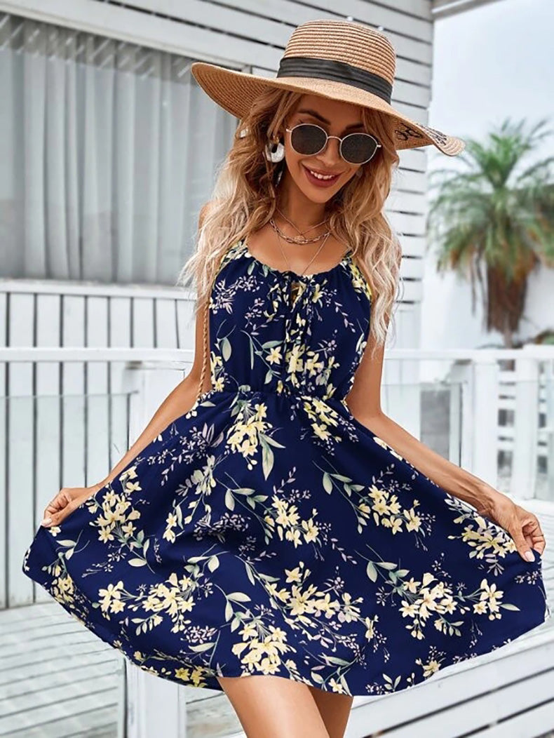 YESFASHION Pullover Print Elastic Waist Sling Short Skirt Women Dress