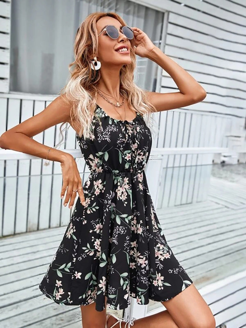 YESFASHION Pullover Print Elastic Waist Sling Short Skirt Women Dress