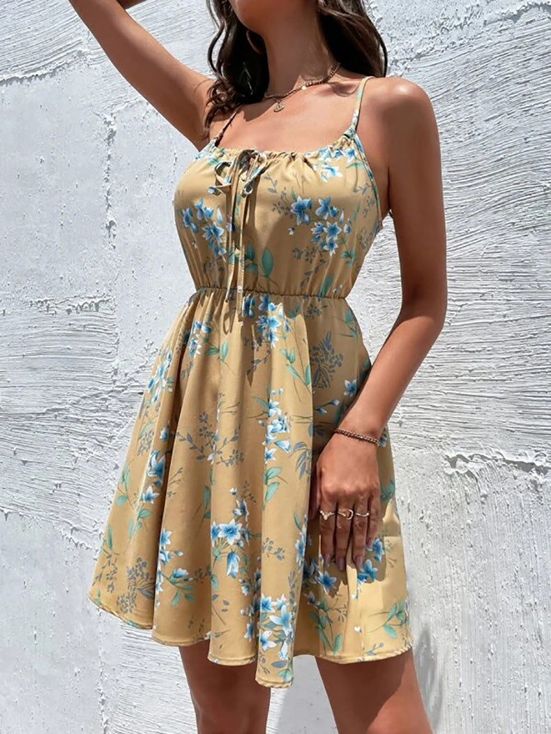 YESFASHION Pullover Print Elastic Waist Sling Short Skirt Women Dress