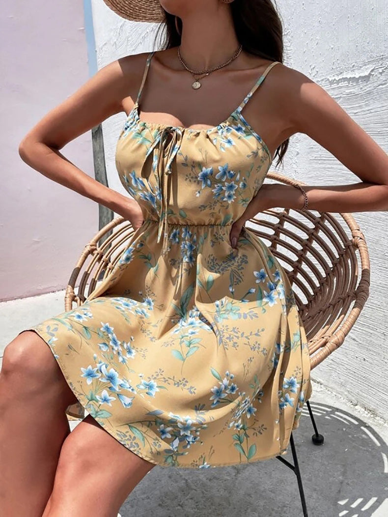 YESFASHION Pullover Print Elastic Waist Sling Short Skirt Women Dress