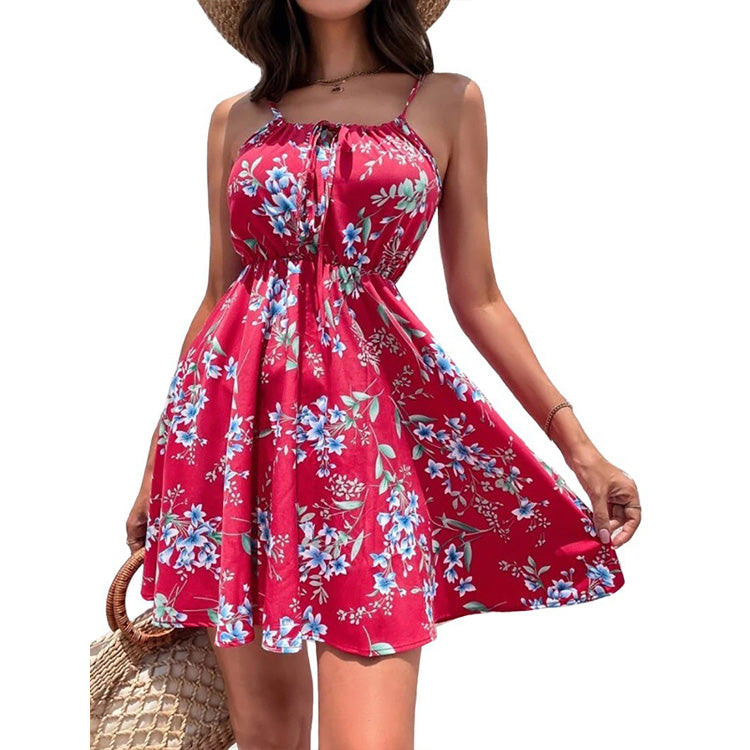 YESFASHION Pullover Print Elastic Waist Sling Short Skirt Women Dress