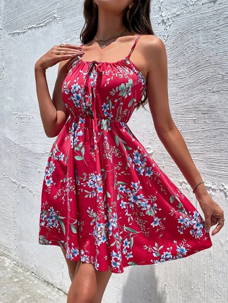 YESFASHION Pullover Print Elastic Waist Sling Short Skirt Women Dress