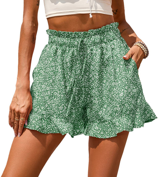 Summer Women Clothing Chiffon Printed Casual Pocket Waist Shorts