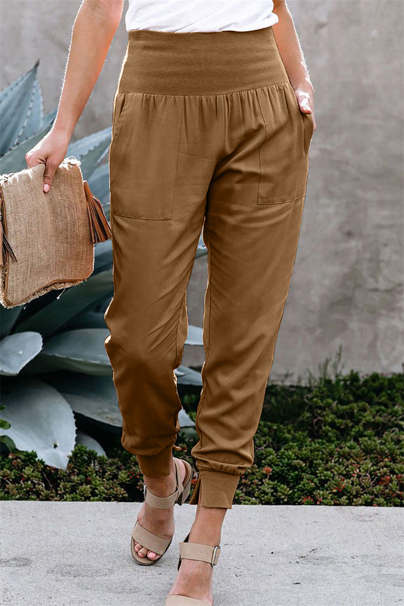 YESFASHION Solid Color Women High Waist Pants Slit Casual Pants