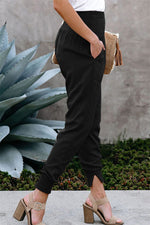 YESFASHION Solid Color Women High Waist Pants Slit Casual Pants