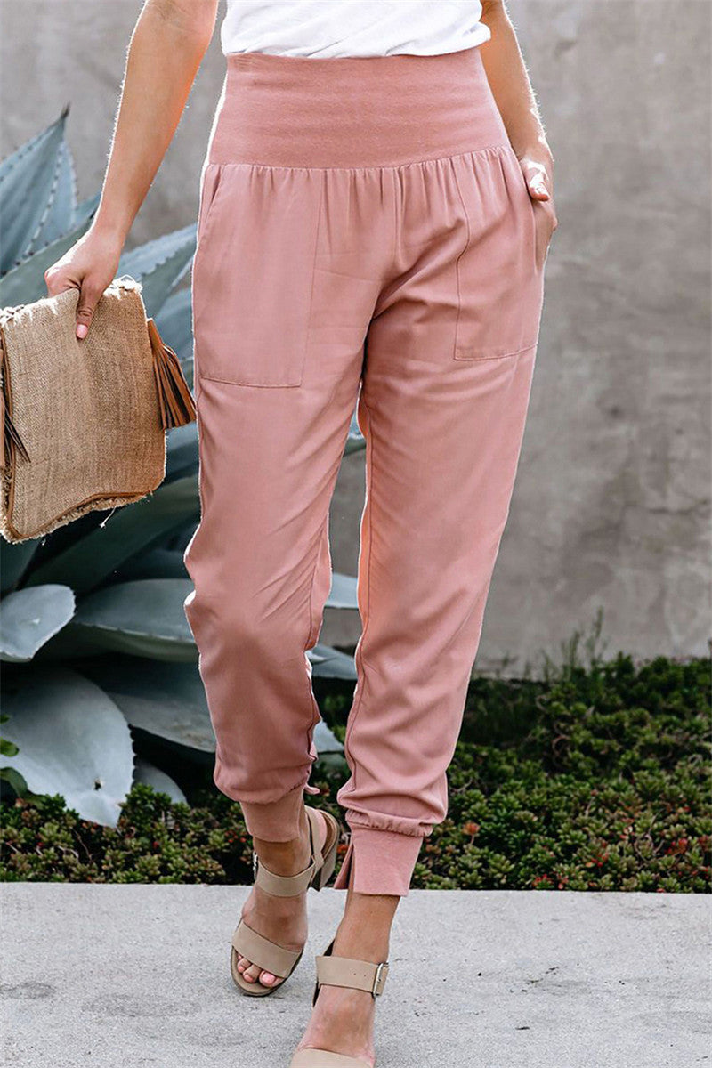 YESFASHION Solid Color Women High Waist Pants Slit Casual Pants