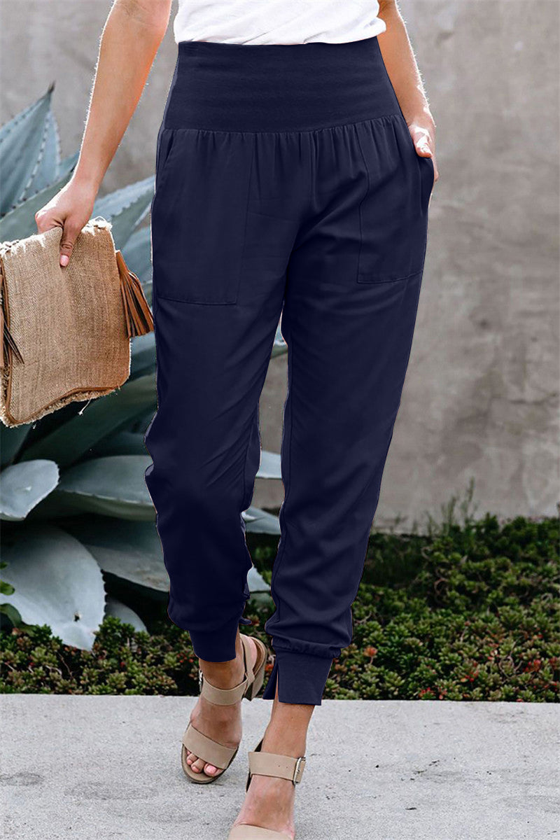 YESFASHION Solid Color Women High Waist Pants Slit Casual Pants