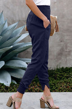 YESFASHION Solid Color Women High Waist Pants Slit Casual Pants