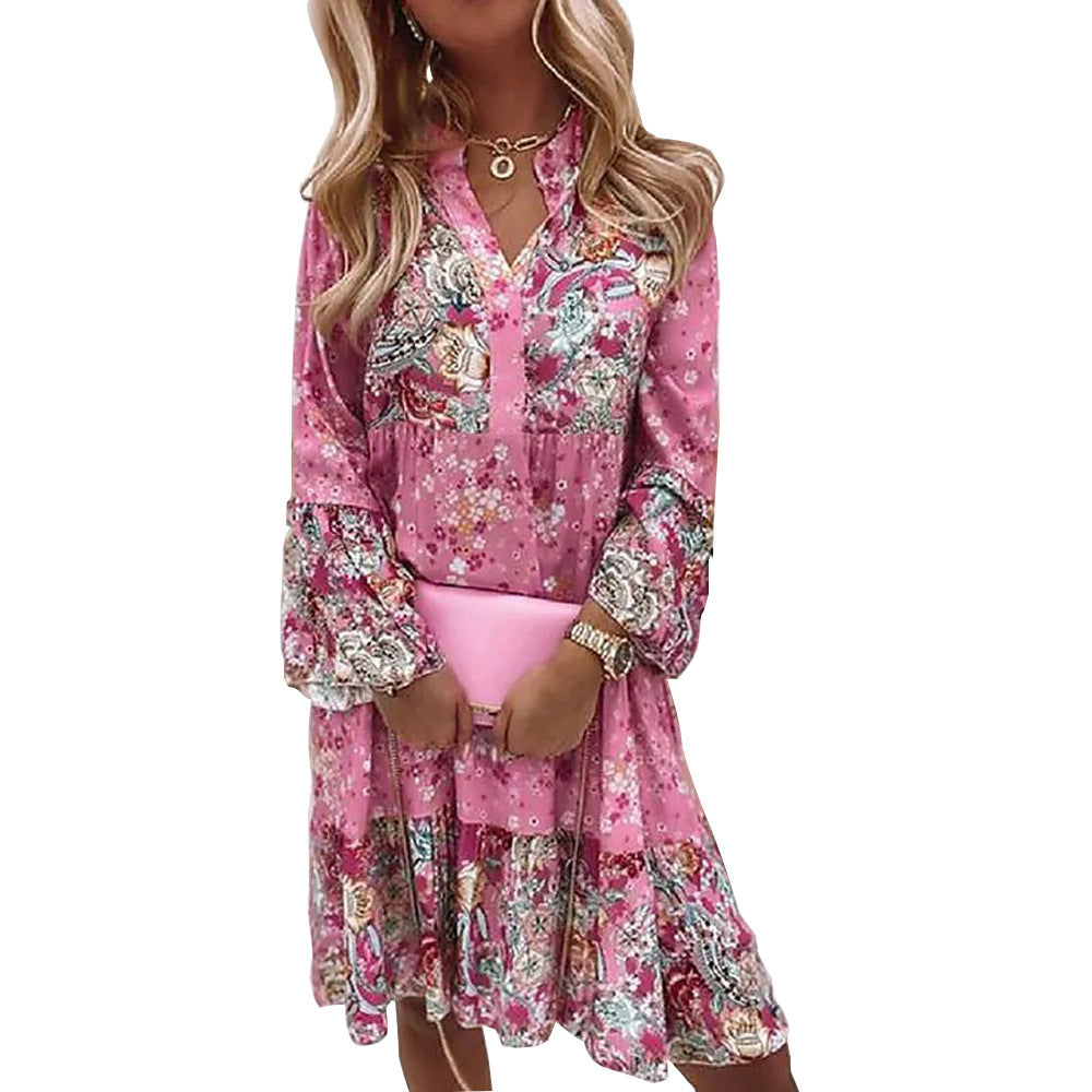 YESFASHION Floral Patchwork Print Short Skirt Ninth Layered Mini Dress PBY-0YB1