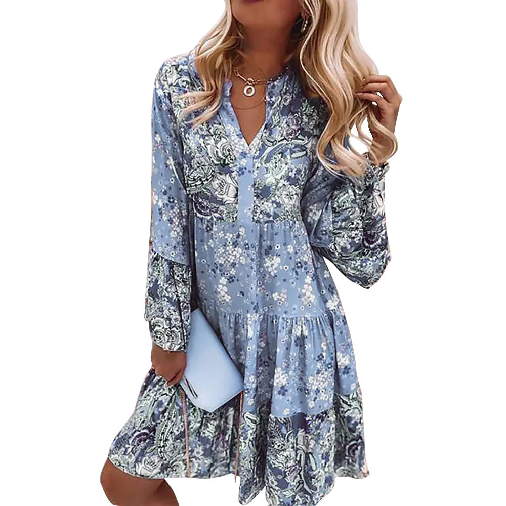 YESFASHION Floral Patchwork Print Short Skirt Ninth Layered Mini Dress PBY-0YB1