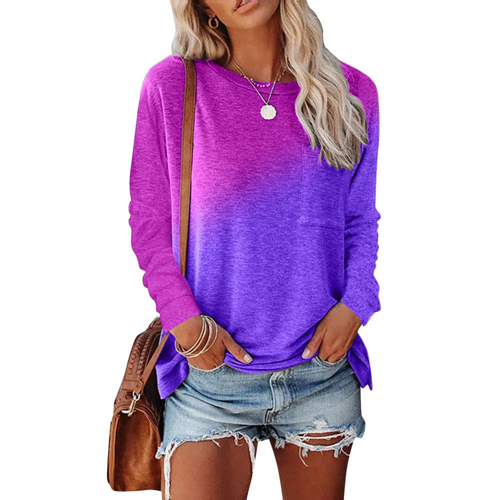 YESFASHION Casual Tie Dye Printed Pocket Long Sleeve T-shirt Tops