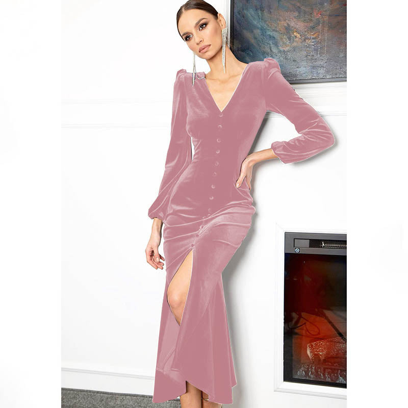 YESFASHION Knitted V-neck Shoulder Pad Long-sleeved Dress Long Skirt