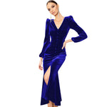 YESFASHION Knitted V-neck Shoulder Pad Long-sleeved Dress Long Skirt