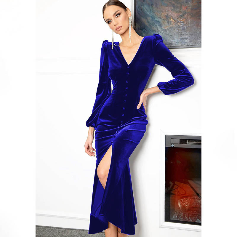 YESFASHION Knitted V-neck Shoulder Pad Long-sleeved Dress Long Skirt