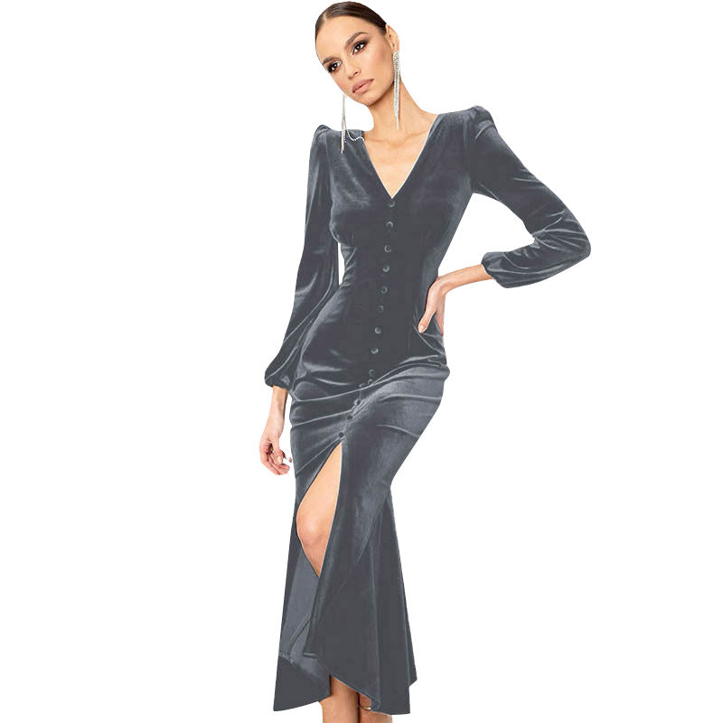 YESFASHION Knitted V-neck Shoulder Pad Long-sleeved Dress Long Skirt