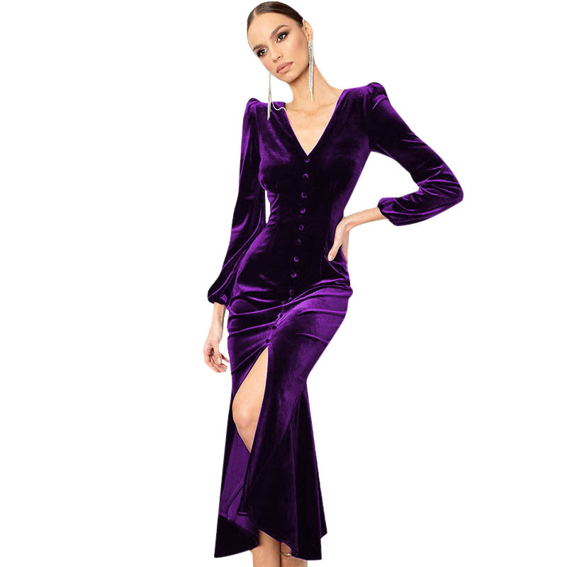 YESFASHION Knitted V-neck Shoulder Pad Long-sleeved Dress Long Skirt