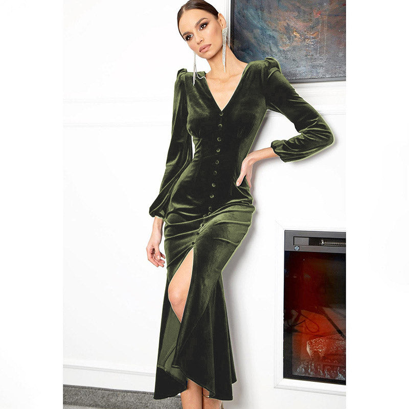 YESFASHION Knitted V-neck Shoulder Pad Long-sleeved Dress Long Skirt